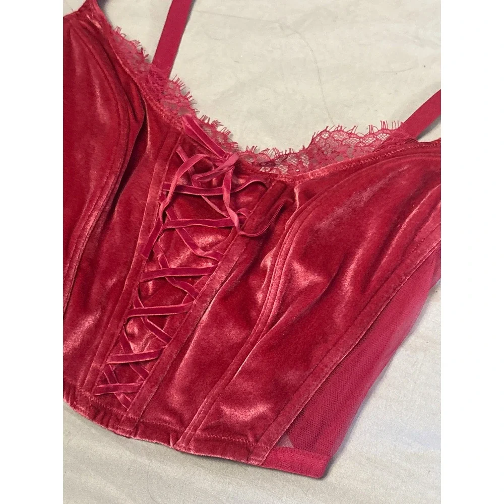Victoria's Secret Dark‎ Pink Velour Lace Up Corset Bustier Top Small DD Y2K